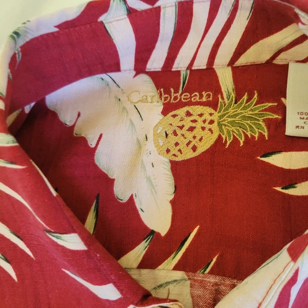 Caribbean XL Silk Hawaiian‎ Shirt Red Floral Button Up